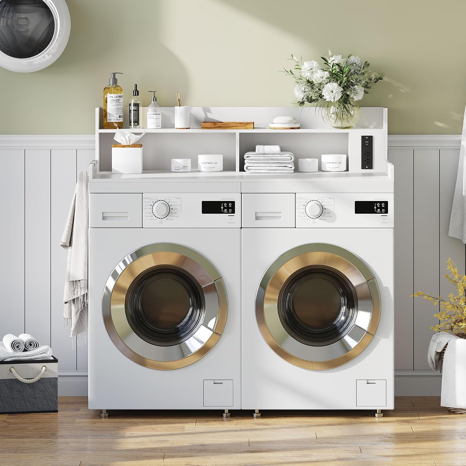 Upgraded 2-Tier Washer and Dryer Countertop with Power Outlet,54' W x 27.6' D Large Laundry Countertop for Fold Clothes, Laundry Topper with Non-Slip Pads & Metal Hooks and Storage Basket