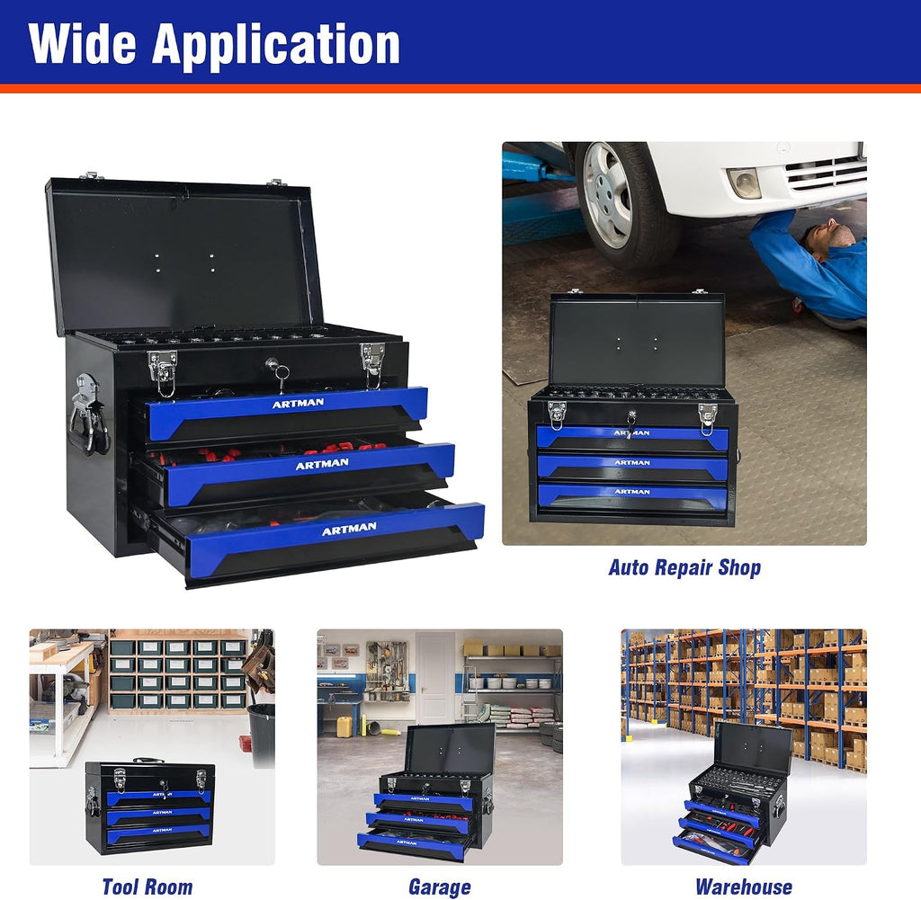 20' Portable Tool Box with Key Lock, 439 Piece Mechanics Tool Set, 3 Drawers & Top Storage Tray Toolbox with Metal Latches & Carrying Handle for Garage, Warehouse, Repair Shop & Home (Blue)