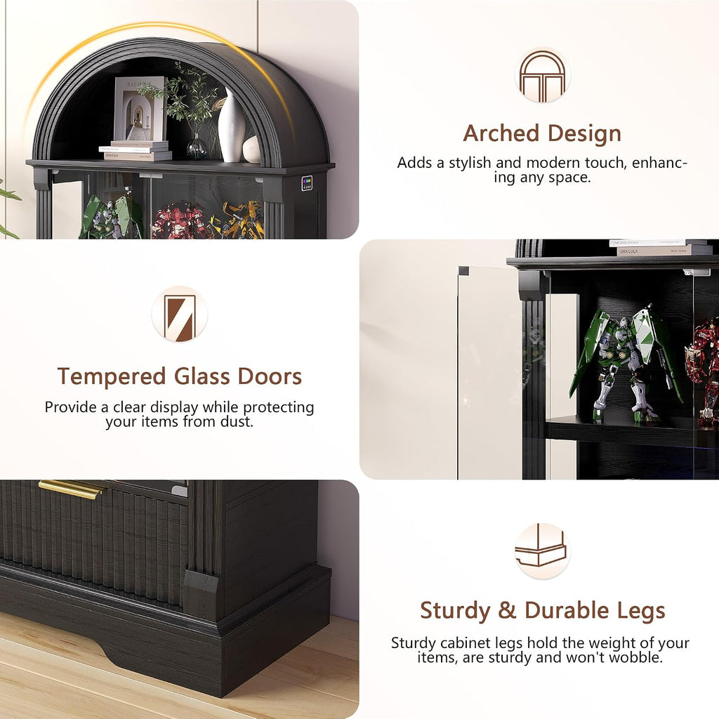 Dystler Curio Cabinet with RGB Lights, 72' Tall Arched Display Cabinet with Glass Doors, 4-Tier Large Shelf Display Case for Collectibles Bookcase Living Room, Black