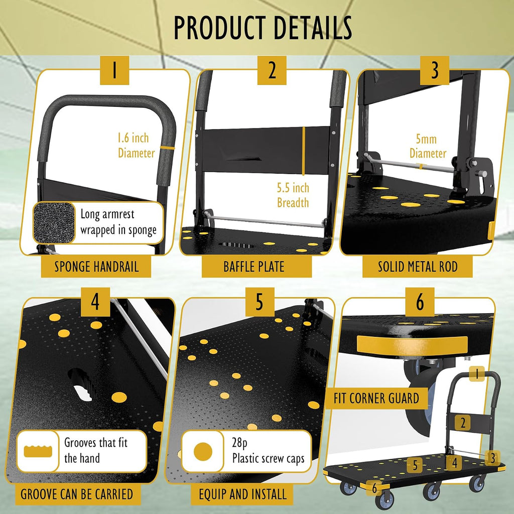 Heavy-Duty Foldable Platform Cart with 6 Wheels & 2000LB Capacity - 360° Swivel & Fixed Casters, Collapsible Push Cart Dolly Black Plastic Trolley, 5' Wheels, Spare Tire & Anti-Collision Corners