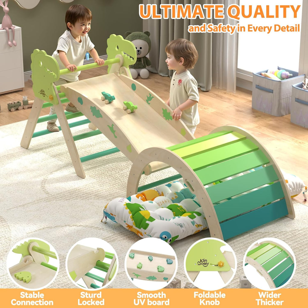 Pikler Triangle Set with Cushion 9 in 1 Climbing Toys for Toddlers 1-3 Indoor Baby Climbing Gym Toddler Montessori Toys Wooden Toy with Maze Toy, Shape Sorter, Dinosaur Car