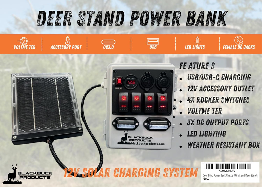 Blackbuck Deer Blind Power Bank Charger with Solar Panel – 12V Hunting Blind Battery Pack, USB/USB-C/DC Charging Station, LED Lights, Weather-Resistant Deer Stand Accessory