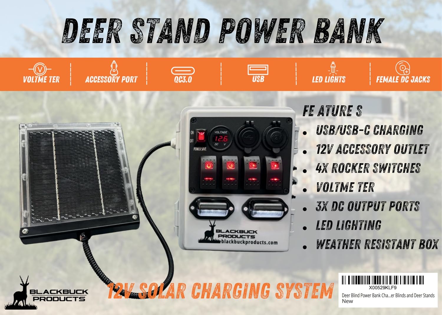 Blackbuck Deer Blind Power Bank Charger with Solar Panel – 12V Hunting Blind Battery Pack, USB/USB-C/DC Charging Station, LED Lights, Weather-Resistant Deer Stand Accessory
