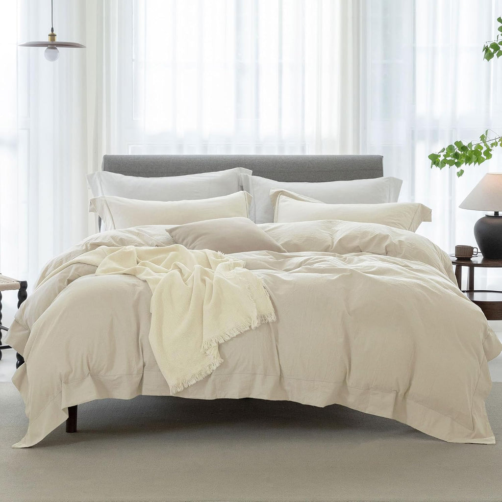 Cooling Duvet Cover Set 3 Pieces-100% Washed Cotton with Chic Wide Trim Design Linen Like Textured Ultra Soft Cozy Bedding with Zipper Closure(Hemmed Almond Grey,Oversized King 120'x98')