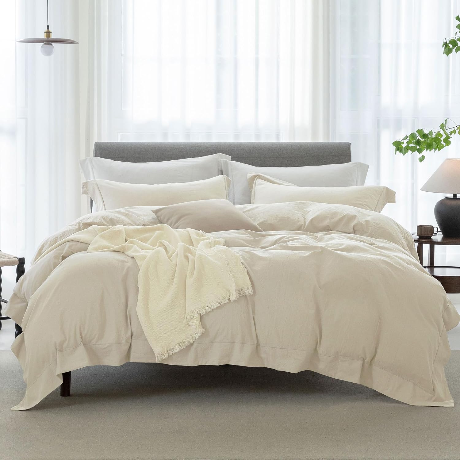 Cooling Duvet Cover Set 3 Pieces-100% Washed Cotton with Chic Wide Trim Design Linen Like Textured Ultra Soft Cozy Bedding with Zipper Closure(Hemmed Almond Grey,Oversized King 120'x98')