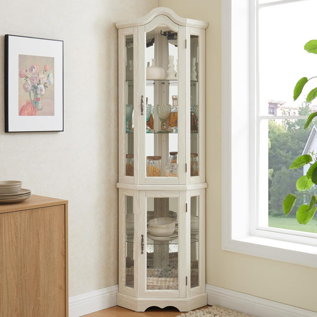 70'H Lighted Corner Display Cabinet, 5-Tier Wooden Curio Glass Cabinet with Adjustable Shelves, Carved Crown Corner Storage Display Case with Mirrored Back Pane for Living Room (Antique White)