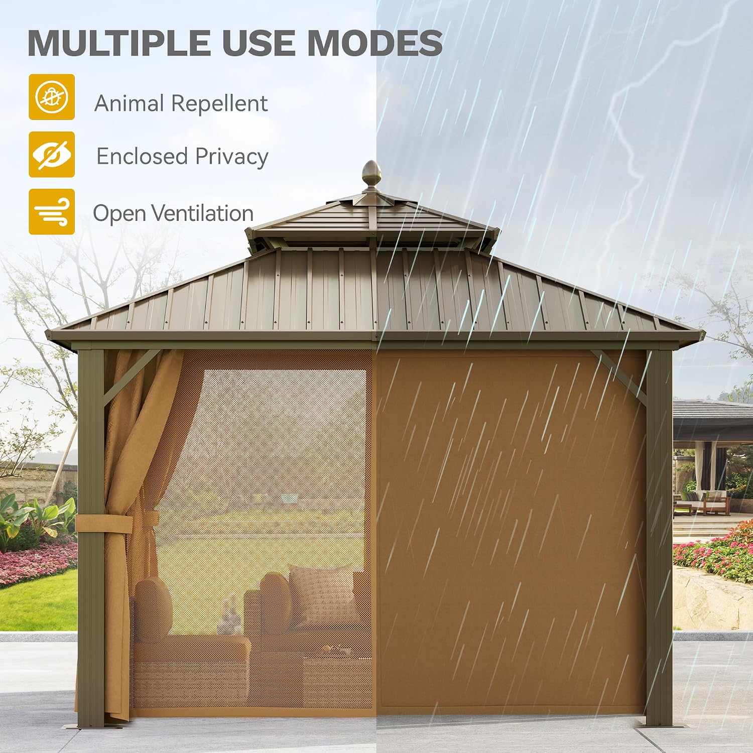 DWVO 10x10ft Hardtop Gazebo Heavy Duty Double Roof with Nettings and Curtains, Galvanized Steel Outdoor Combined of Horizontal Vertical Stripes Roof for Patio, Backyard, Deck, Lawn, Bronze