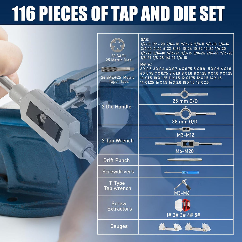 Anfrere 116pcs Tap and Die Set in SAE & Metric Sizes, Standard Tap Set and Die Tool Set for Threading and Rethreading Internal and External Threads, M3-M18 Thread Repair Kit