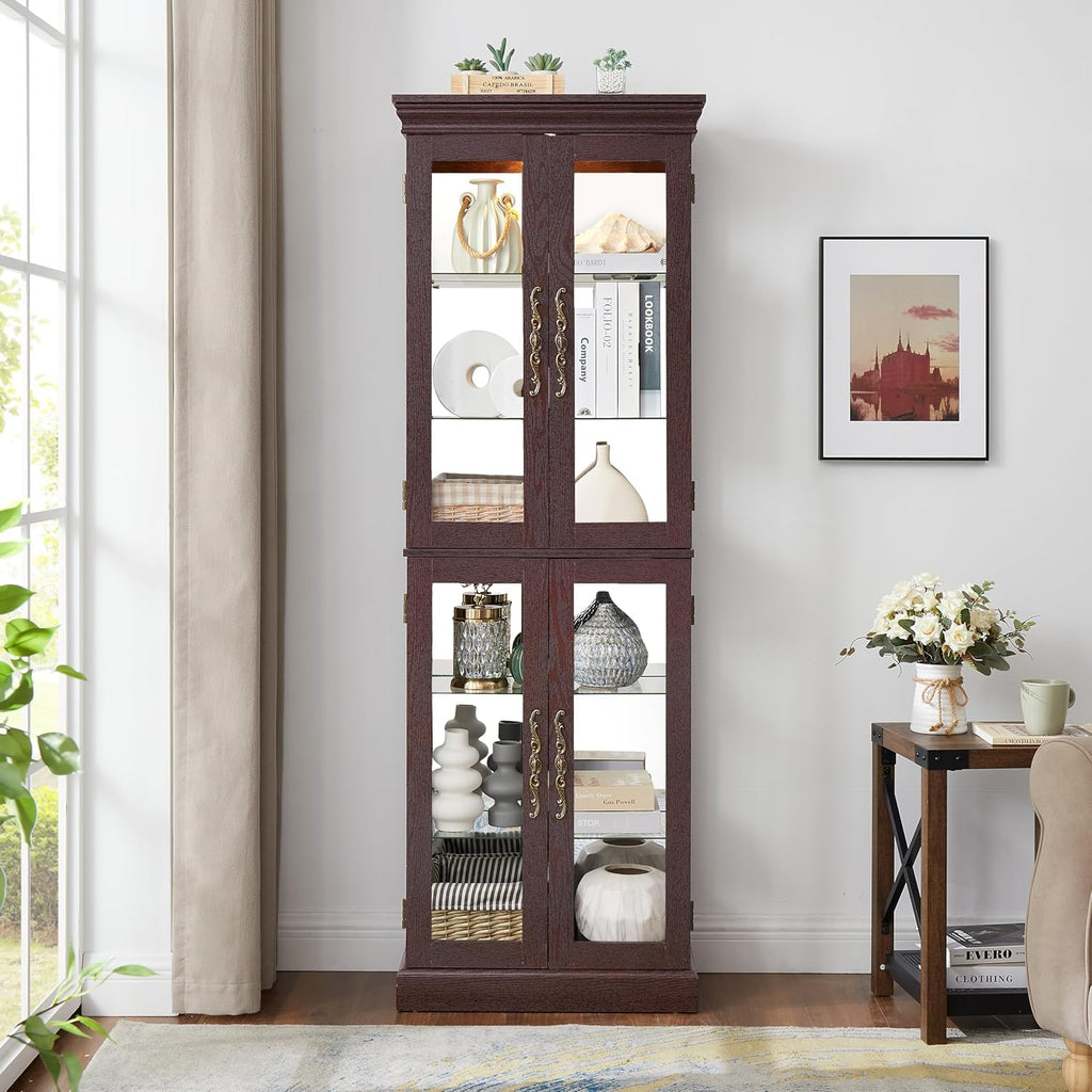 Ball & Cast Lighted Curio Cabinet,6-Tier Glass Display Cabinet with Adjustable Glass Shelves and Mirrored Back Panel for Living Room,Pantry Light Bulb Included,Dark Cherry