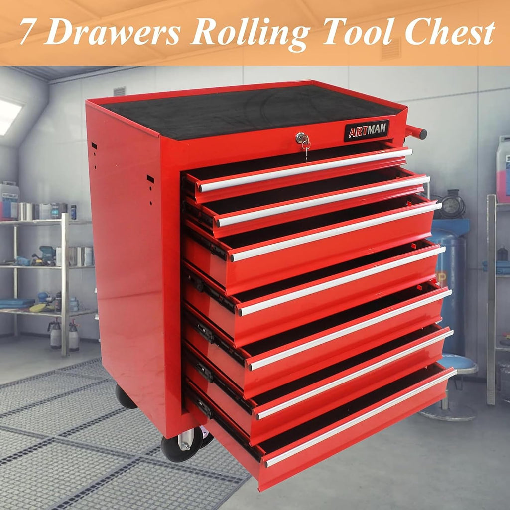 7-Drawer Metal Rolling Tool Cart on Wheels,Tool Storage Cabinet With Locking System,Multifunctional Tool Box Tool Chest with Wheels for Garage, Warehouse,Repair Shop,Workshop (Red)