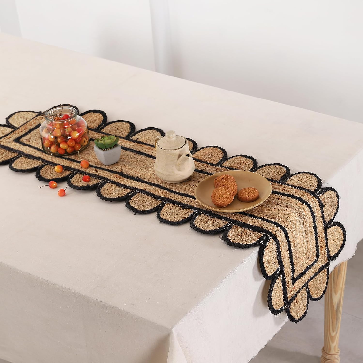 Pack of 2 Handmade Hand Braided Natural with Black Jute Scalloped Shape Eco-Friendly Table Runner-Runner for Dining Table Rug-13 x 90 Inch