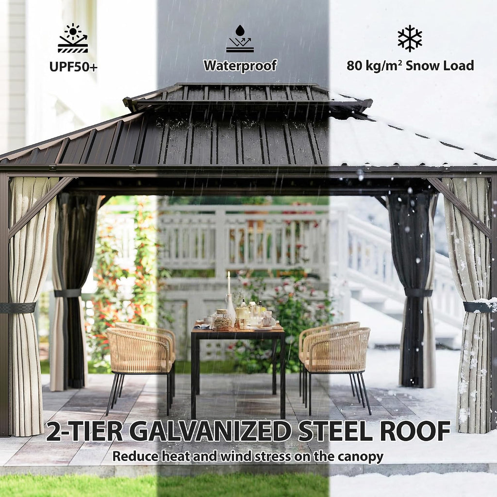 Outsunny 10' x 14' Hardtop Gazebo with UPF50+ Double Galvanized Steel Roof Canopy, Aluminum Frame Permanent Outdoor Gazebo with Curtains and Netting, Ceiling Hooks, Brown