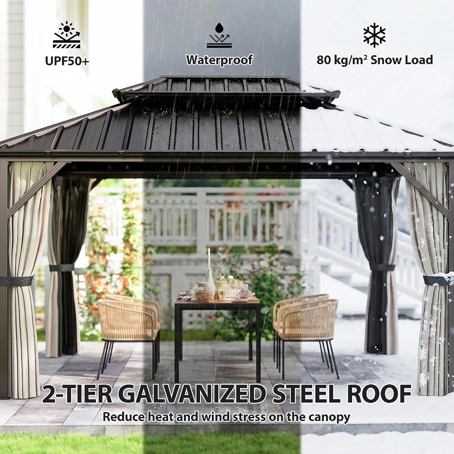 Outsunny 10' x 14' Hardtop Gazebo with UPF50+ Double Galvanized Steel Roof Canopy, Aluminum Frame Permanent Outdoor Gazebo with Curtains and Netting, Ceiling Hooks, Brown