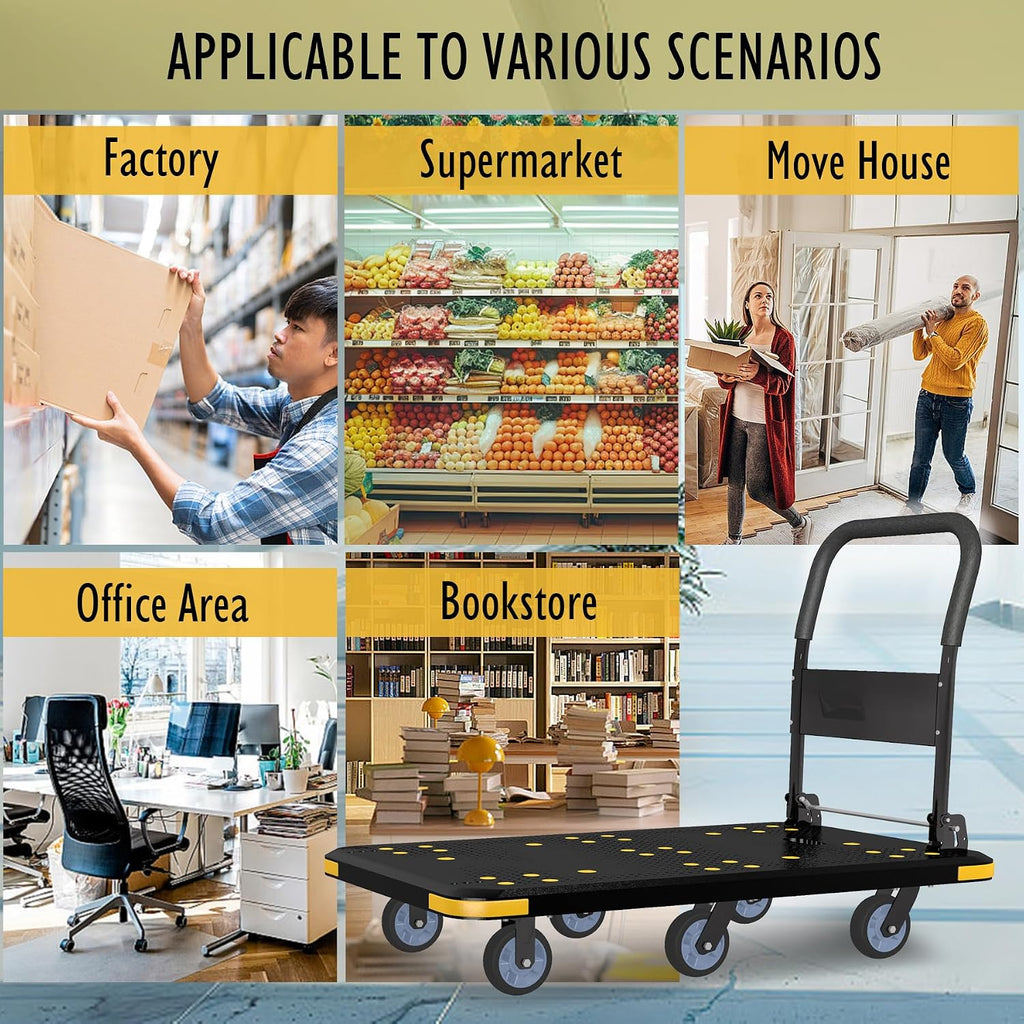 Heavy-Duty Foldable Platform Cart with 6 Wheels & 2000LB Capacity - 360° Swivel & Fixed Casters, Collapsible Push Cart Dolly Black Plastic Trolley, 5' Wheels, Spare Tire & Anti-Collision Corners