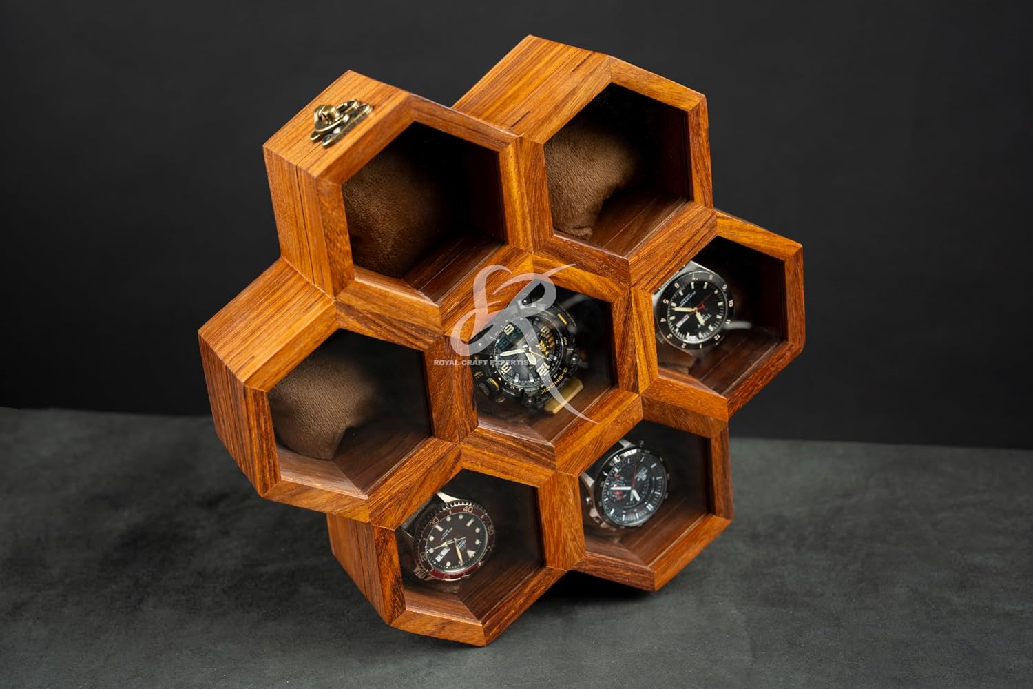 Royal Craft Expertise 7-Slot Honeycomb Wooden Watch Box – Handcrafted Indian Rosewood Timepiece Display Case | Unique Multipurpose Design with Glass Lid – Luxury Gift for Him