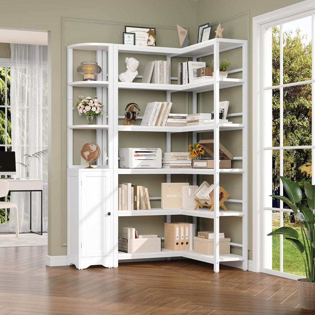 Keyluv 72' Tall Corner Bookshelf with Door, 6-Tier L Shaped Bookshelves and Bookcase with Storage Cabinet, 2 Pieces Individual Convertible Book Shelf, Display Shelf for Home Office Living Room, White