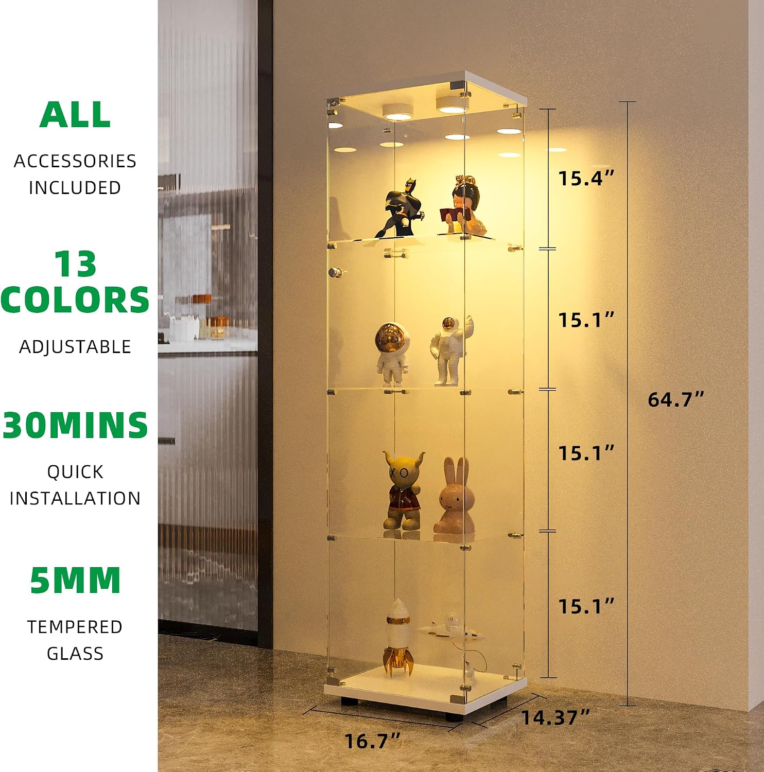 FANYUSHOW Display Cabinet with Glass Door and LED Light, 4-Tier Tempered Glass Display Shelf, Glass Curio Cabinet Collection Display Case, Display Case Cabinet, White 64.7' H x 16.7' L x 14.37' W