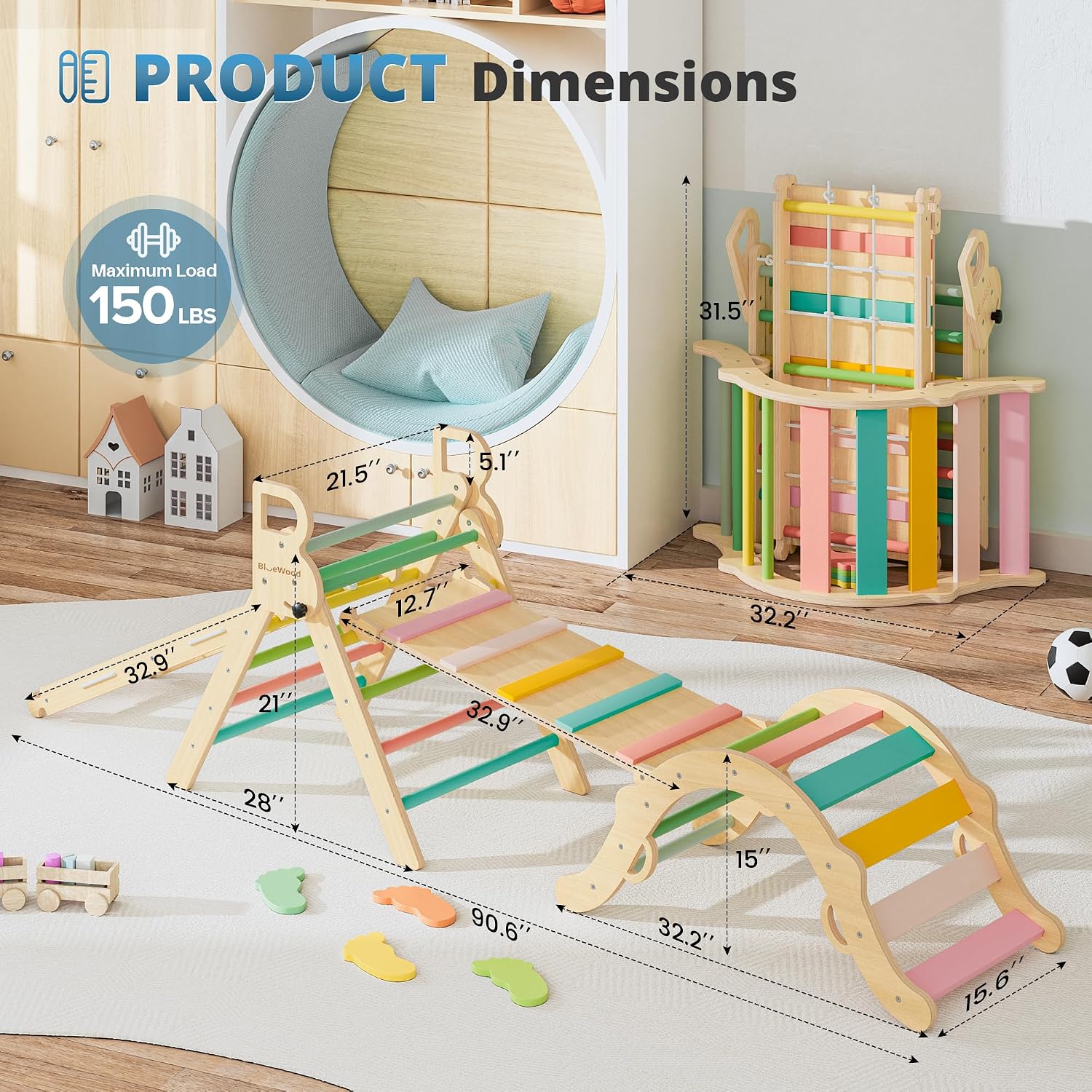 BlueWood 10-in-1 Pikler Triangle Set, Toddler Climbing Toys Indoor, Montessori Climber, Baby Jungle Gyms with Arch, Extra Rope Ladder & Footprint Balance Beam - Rose Garden