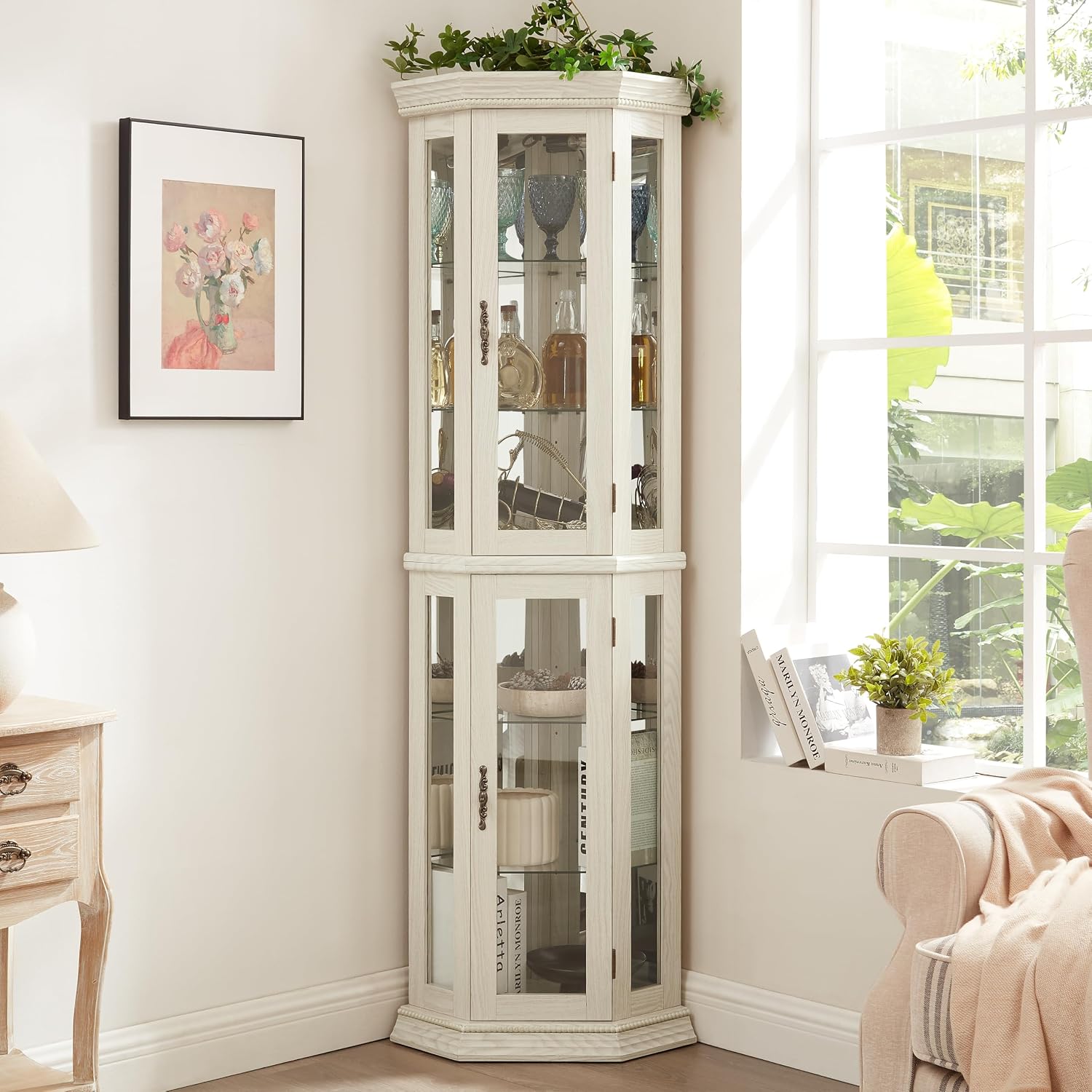 70' Lighted Corner Curio Cabinet,Inside Mirror Corner Glass Display Case with Tempered Glass Door for Living Room, Antique Collectibles, Wine & Bar Glass Storage, Lights Included