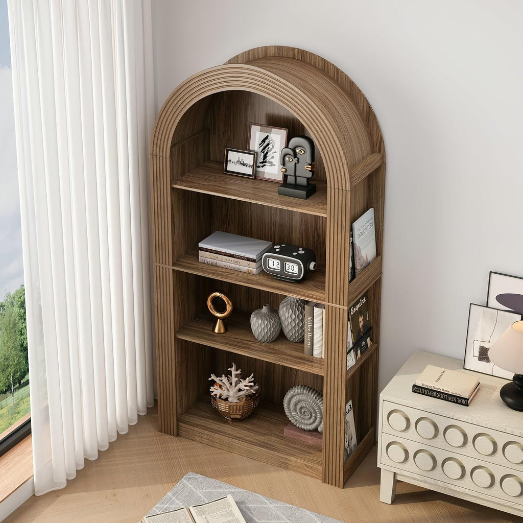LUMISOL Tall Arched Kitchen Pantry Cabinet with Open Display Storage Shelf, Modern Arched Bookcase with 4 Tier Shelf, for Dining Room Living Room, Brown