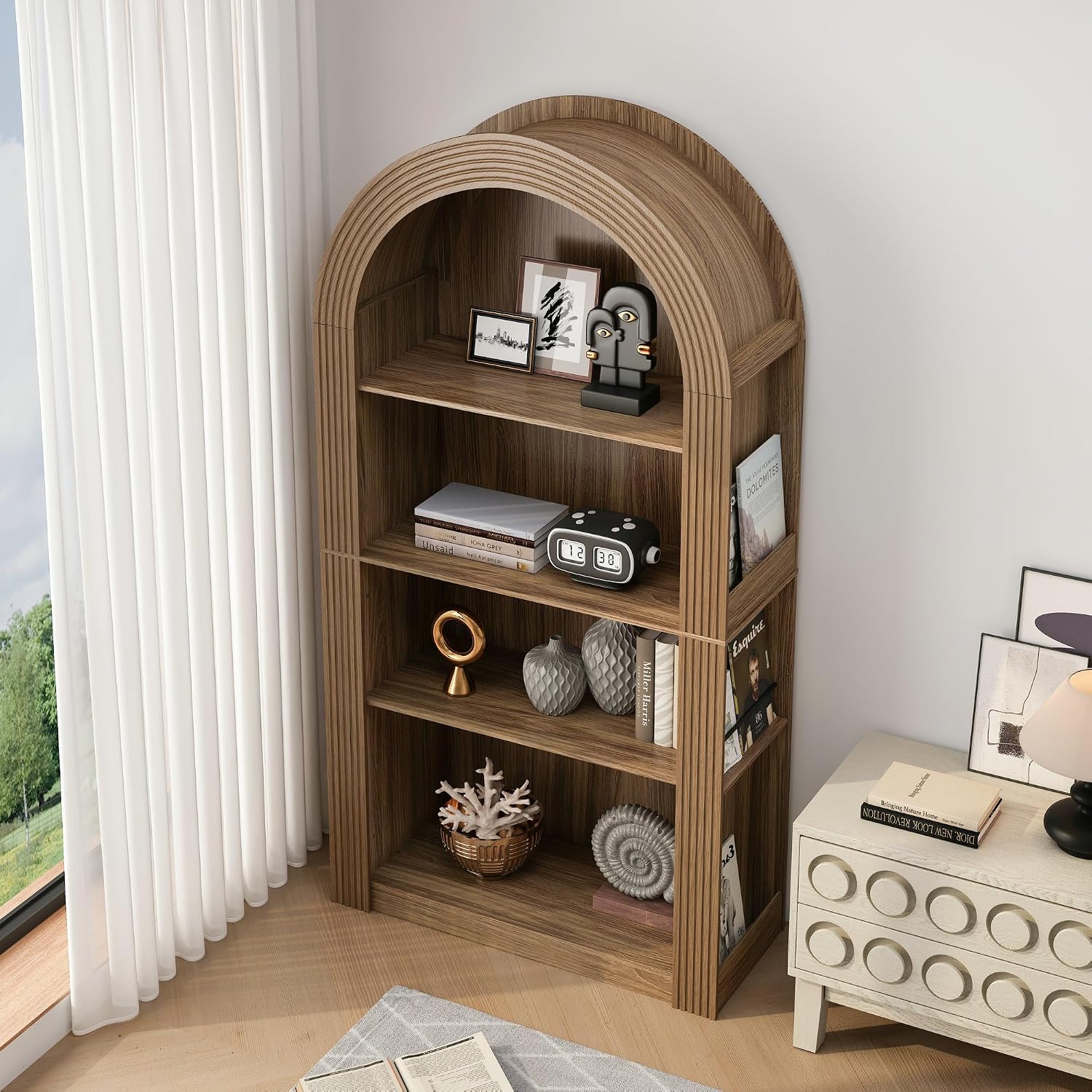 LUMISOL Tall Arched Kitchen Pantry Cabinet with Open Display Storage Shelf, Modern Arched Bookcase with 4 Tier Shelf, for Dining Room Living Room, Brown