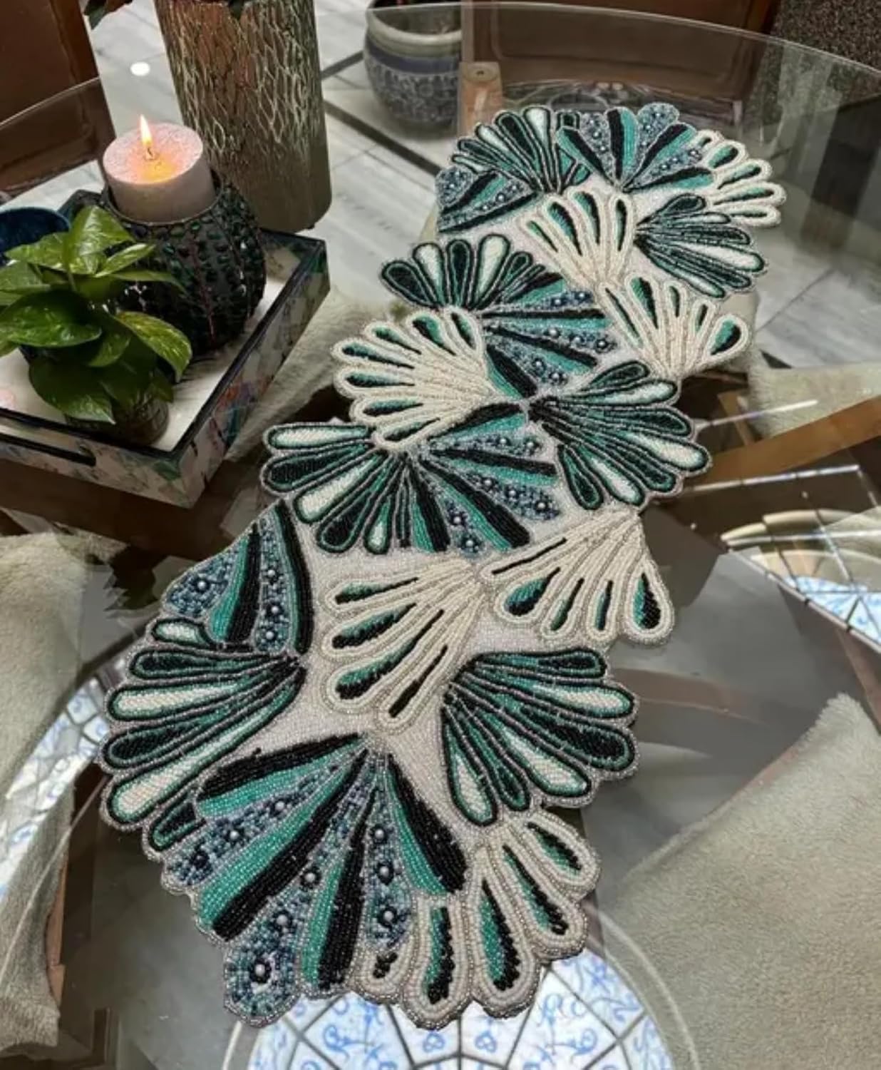 Beaded Handcrafted Table Runner, Teal Green and Cream, Decorative Home Accent, Floral Design