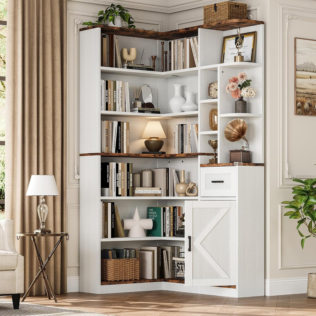 Garvee 74'' Tall Corner Bookshelf - 6-Tier Book Shelf with Drawer and Cabinets, l-Shaped Bookcase Open Storage Shelves Modern Display Shelf for Home, Office