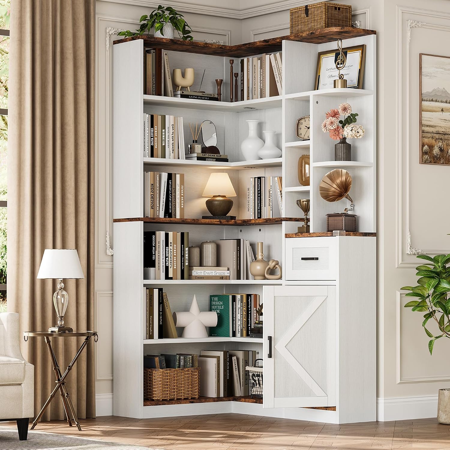 Garvee 74'' Tall Corner Bookshelf - 6-Tier Book Shelf with Drawer and Cabinets, l-Shaped Bookcase Open Storage Shelves Modern Display Shelf for Home, Office