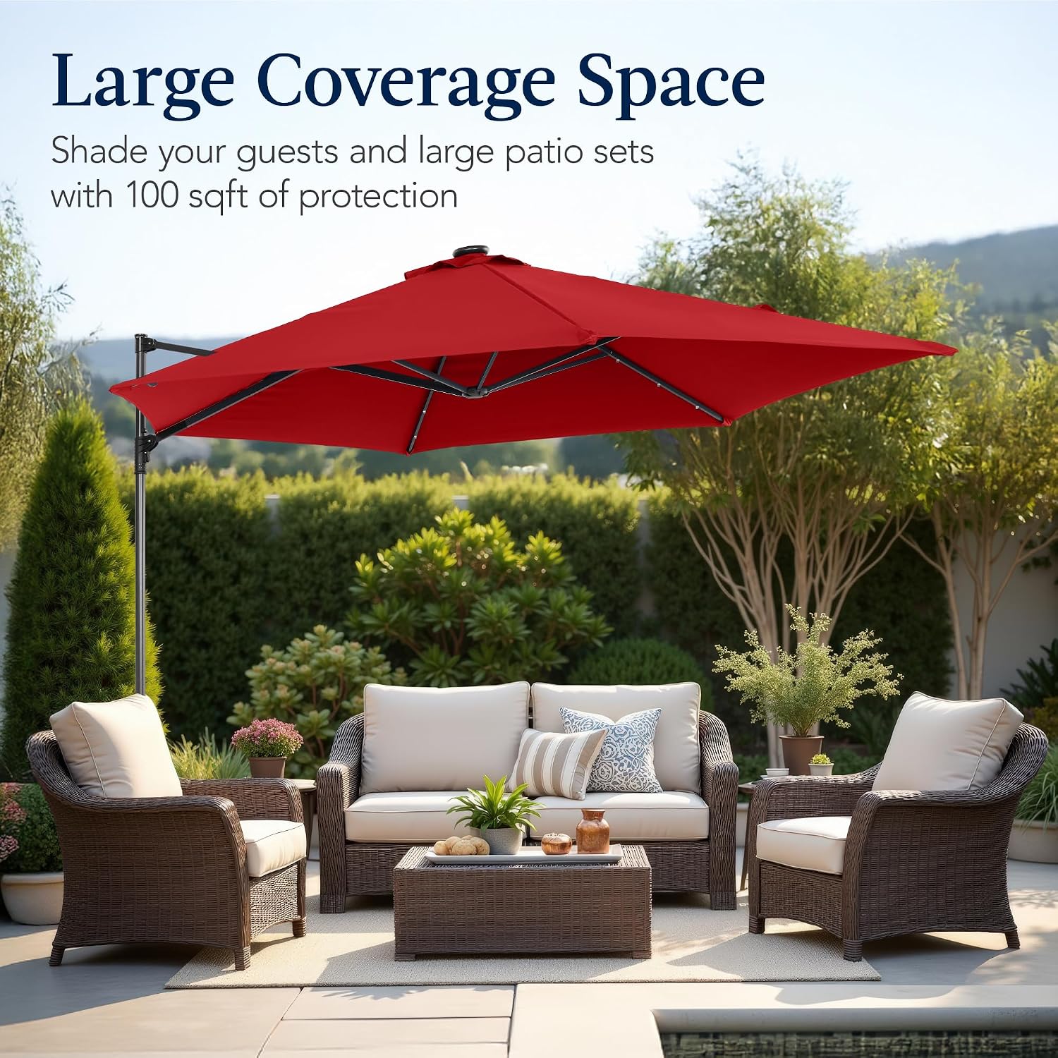 Best Choice Products 10ft Solar LED Offset Cantilever Hanging Market Patio Umbrella, Smooth 360° Rotation, 8 Sturdy Ribs, Easy Adjustment - Red