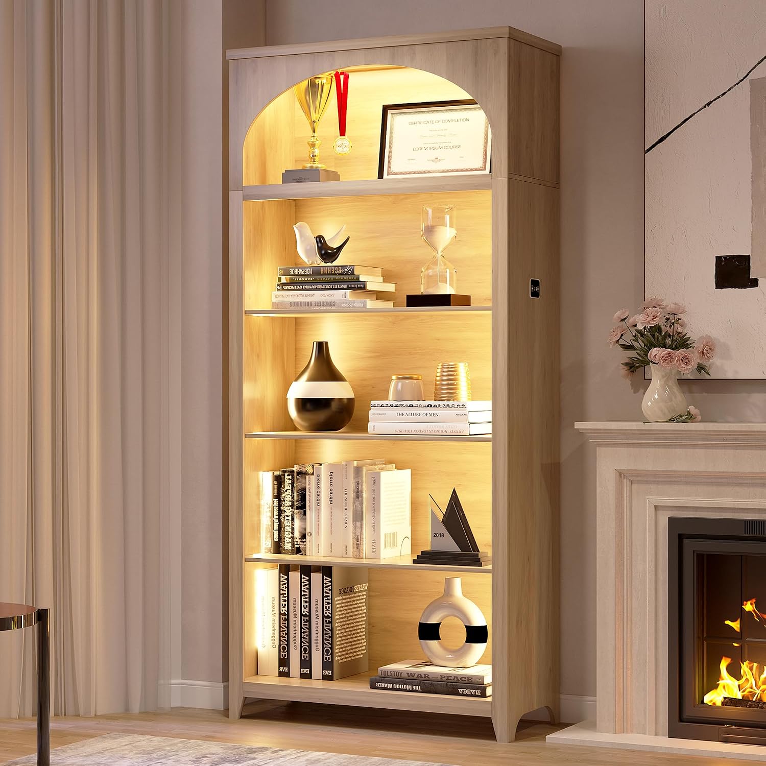 2pc LED Arched Bookshelf with Lights - 70'' Tall Bookcase with Storage, 5-Tier Floor Standing Modern Display Shelf for Living Room, Office, Study Room, Entryway, Ideal Gift, Natural Oak