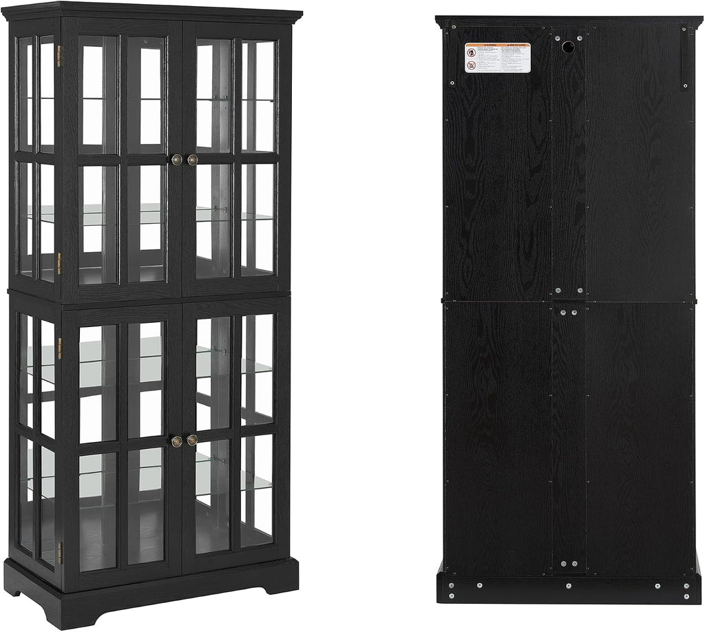 68' H Lighted Curio Display Cabinet Display Case,Wooden Glass Cabinet w/ 4 Adjustable Shelves & Glass Doors, 6 Tier Vintage Accent Storage Case w/Mirrored Back Pane for Home (Black)