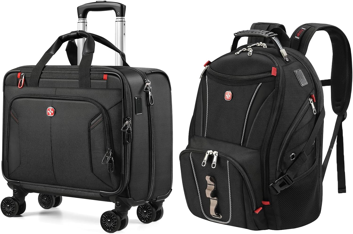 star cloud Rolling Laptop Bag with 4 Spinner Wheels & 17.3' Laptop Backpack Bundle – Business Travel Carry On Set with USB & Type-C Charging Ports