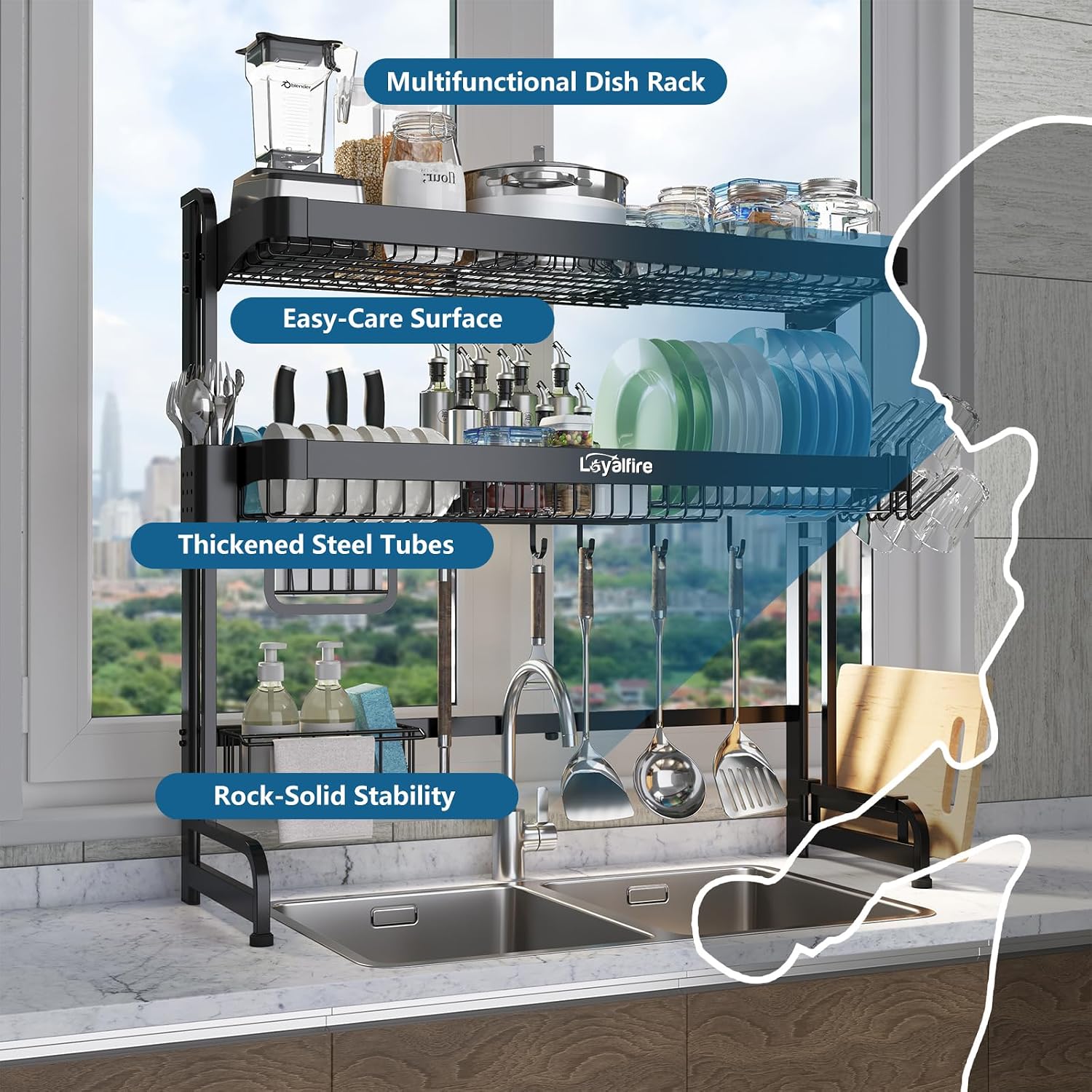 Loyalfire Over Sink Dish Drying Rack, 3 Tier Adjustable Length (20.87'' to 37.6'') Full Stainless Steel Large Storage Kitchen Dish Rack, Expandable Drainer Shelf Rack with Multifunctional Organizers