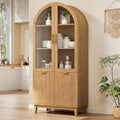 Pamapic 71' Tall Arched Cabinet, Fluted Kitchen Pantry with Glass Doors & Adjustable Shelves, Arch Storage Cabinet, Wooden Pantry for Dining Room, Living Room (Natural)