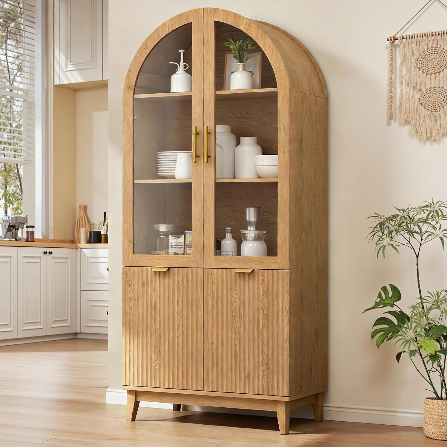 Pamapic 71' Tall Arched Cabinet, Fluted Kitchen Pantry with Glass Doors & Adjustable Shelves, Arch Storage Cabinet, Wooden Pantry for Dining Room, Living Room (Natural)