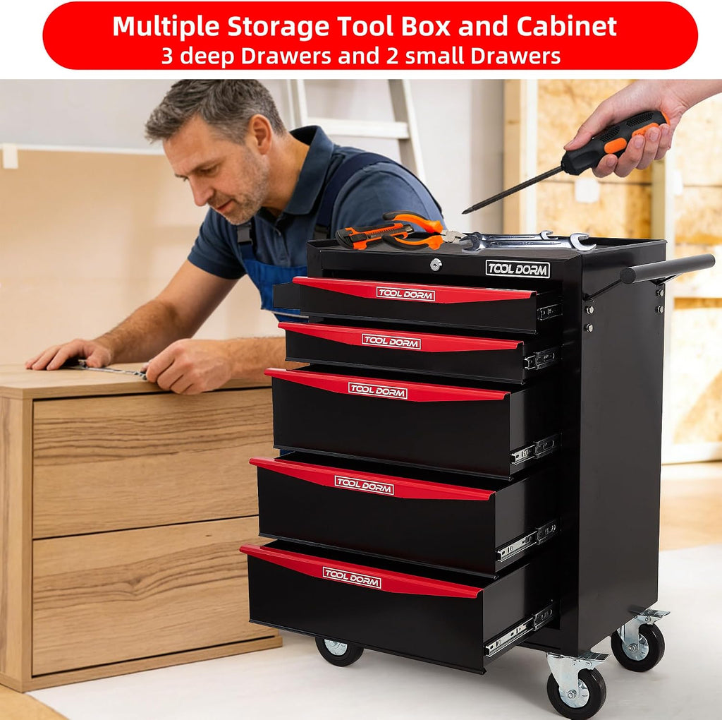 Rolling Tool Chest with Wheels, 5-Drawer Small Tool Cabinet, Metal Rolling Tool Box with Wheels and Locking System for Garage Warehouse Workshop Office Organizers and Storage (Black)