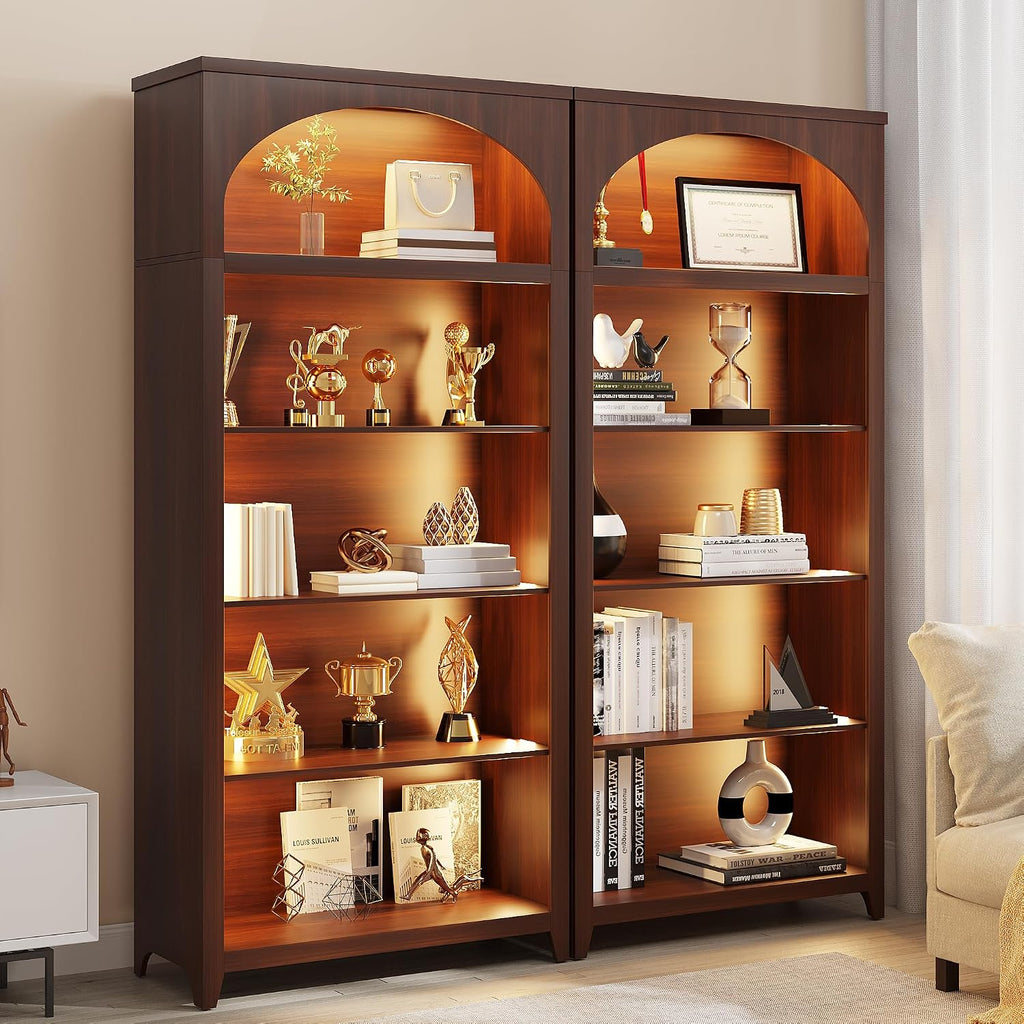 2pc 5-Tier LED Arched Bookshelf with Lights - 70'' Tall Bookcase with Storage, Floor Standing Modern Display Shelf for Living Room, Office, Study Room, Entryway, Ideal Gift, Walnut