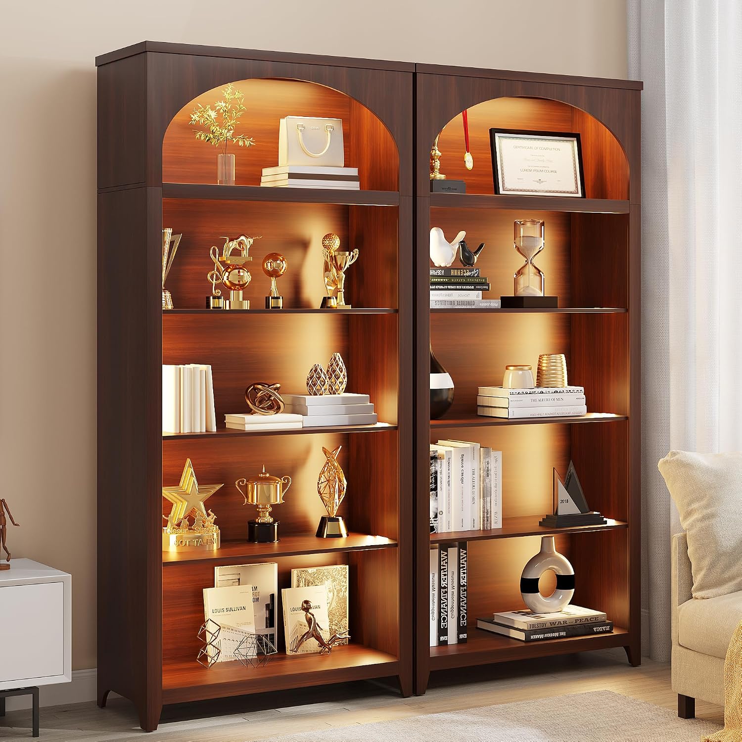 2pc 5-Tier LED Arched Bookshelf with Lights - 70'' Tall Bookcase with Storage, Floor Standing Modern Display Shelf for Living Room, Office, Study Room, Entryway, Ideal Gift, Walnut