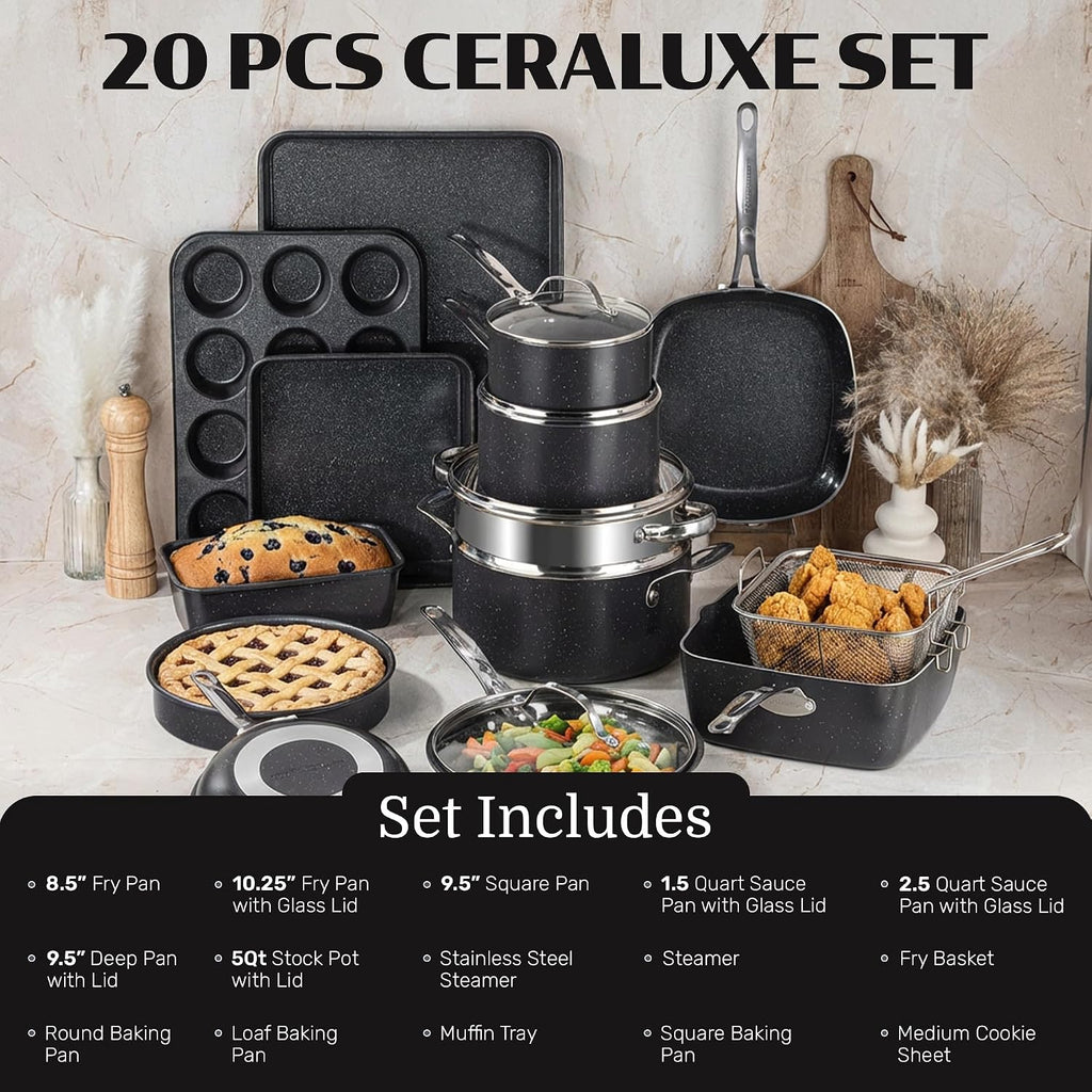 Granitestone Ceraluxe 20 Pc Ceramic Cookware Set Nonstick, Complete Pots and Pans Set Non Stick with 5 Pc Bakeware Set, Deep Frying Pan Set, & Steamer, Non Toxic PFOA Free, Oven & Dishwasher Safe