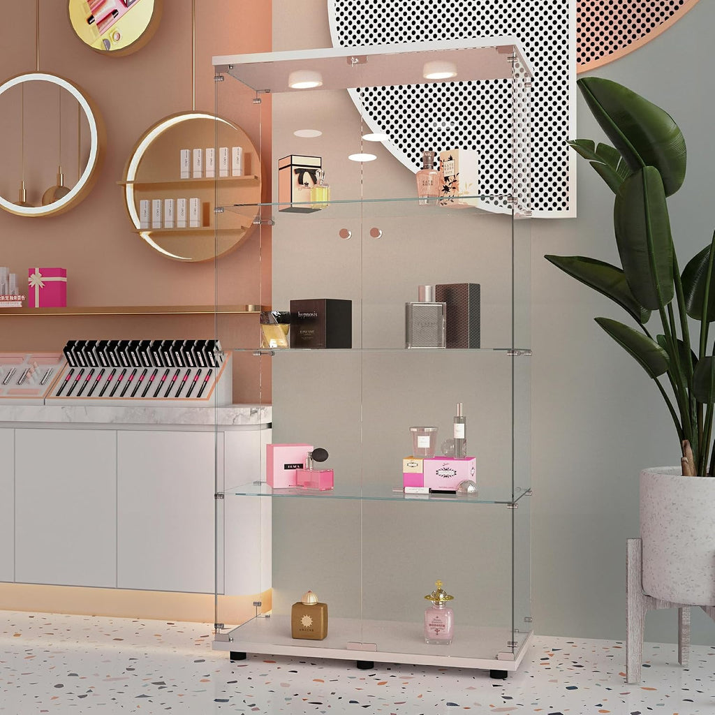 64.69' Tall Tempered Glass Display Cabinet with LED Lights, Curio Cabinet with 4 Shelves with 2 Door, Quick-Install Style Floor Standing Bookshelf File Cabinet for Living Room Office