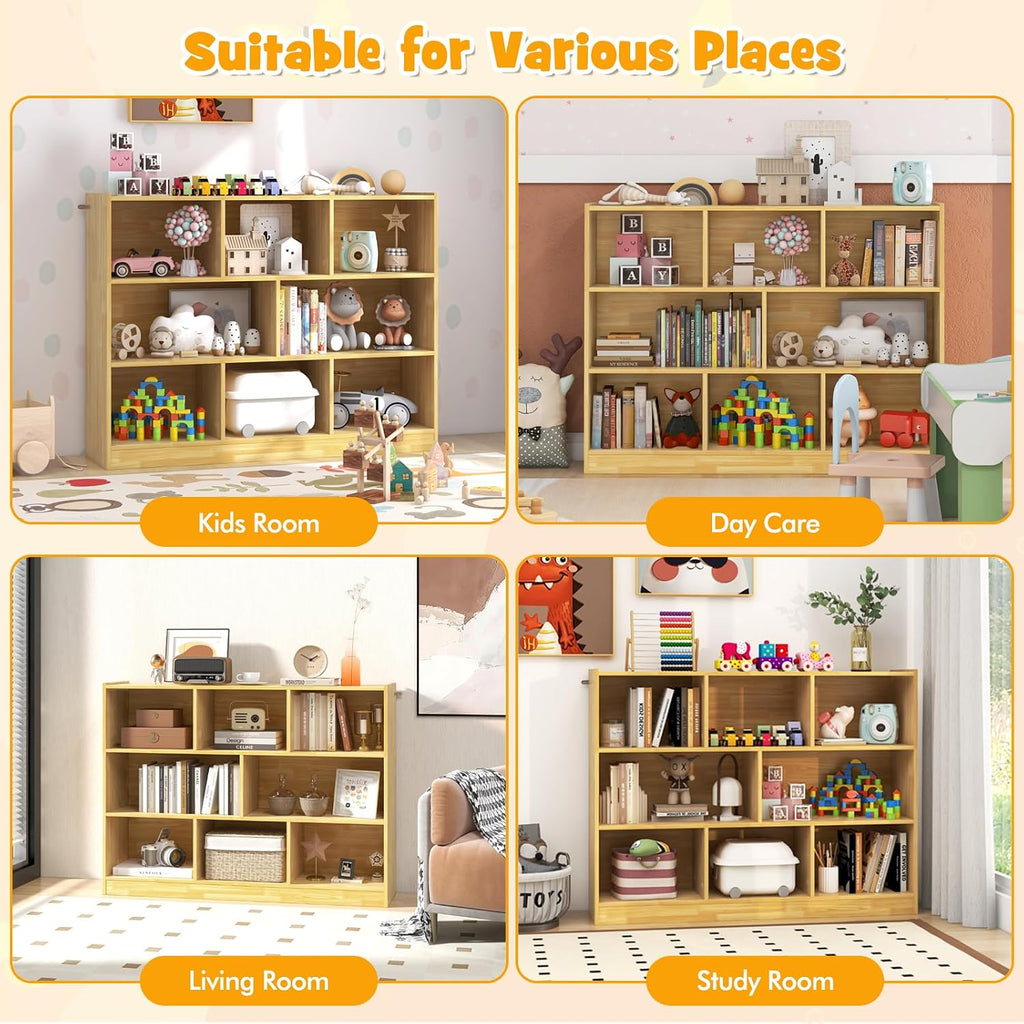 HONEY JOY Kids Toy Storage Organizer, 8-Section Storage Daycare Shelf for Preschool, Children 3-Tier Open Wooden Display Book Shelf Organizer for Classroom, Playroom & Nursery, Kindergarten(Yellow)