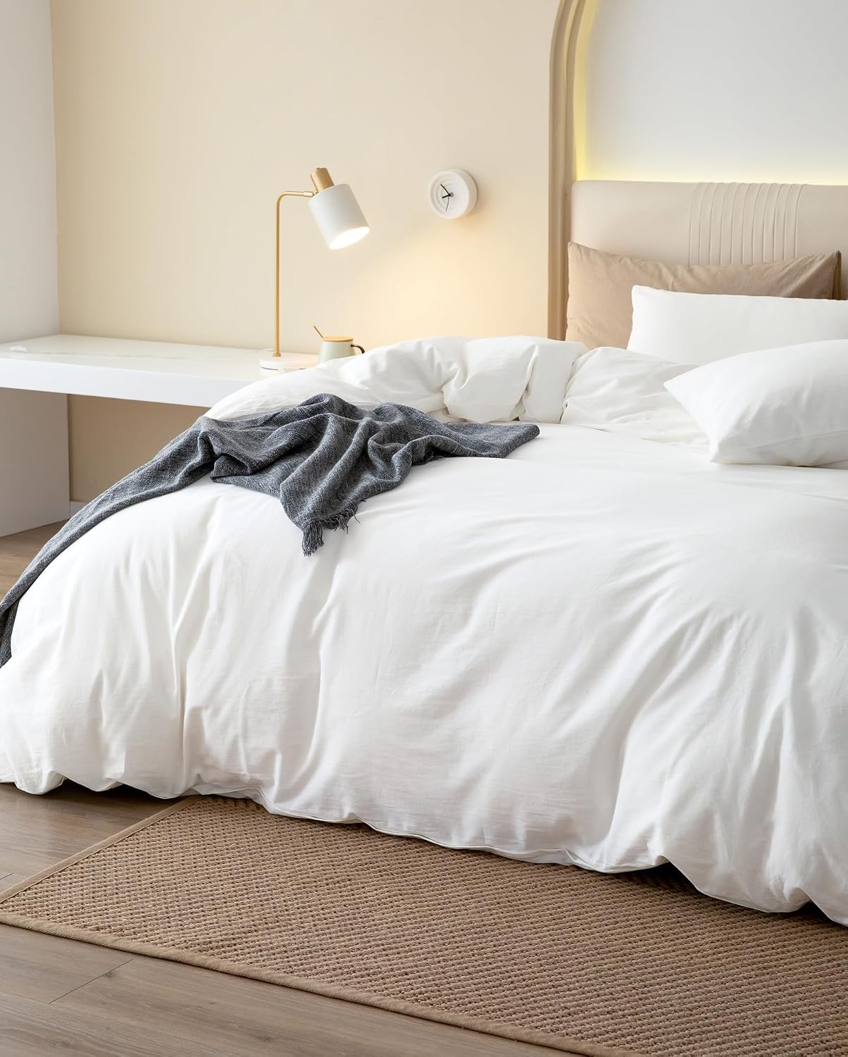 JIYUAN Oversized King Plus Duvet Cover Set, 3-Piece - 100% Washed Cotton, Linen-Like Soft & Breathable with Zipper Closure, Includes 128x120 Inch Cover & 2 Pillowcases, Solid Bright White