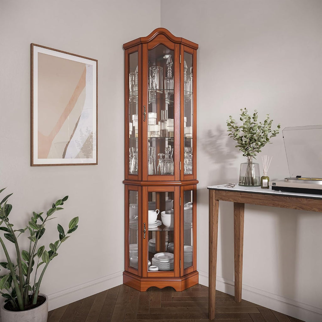 BELLEZE Lighted 3-Side Glass Display Curio Cabinet w/Tempered Glass Doors and Shelves, Curved Wood Corner Cabinet with Bulb, Corner Storage Rack for Living Room and Kitchen (Oak)