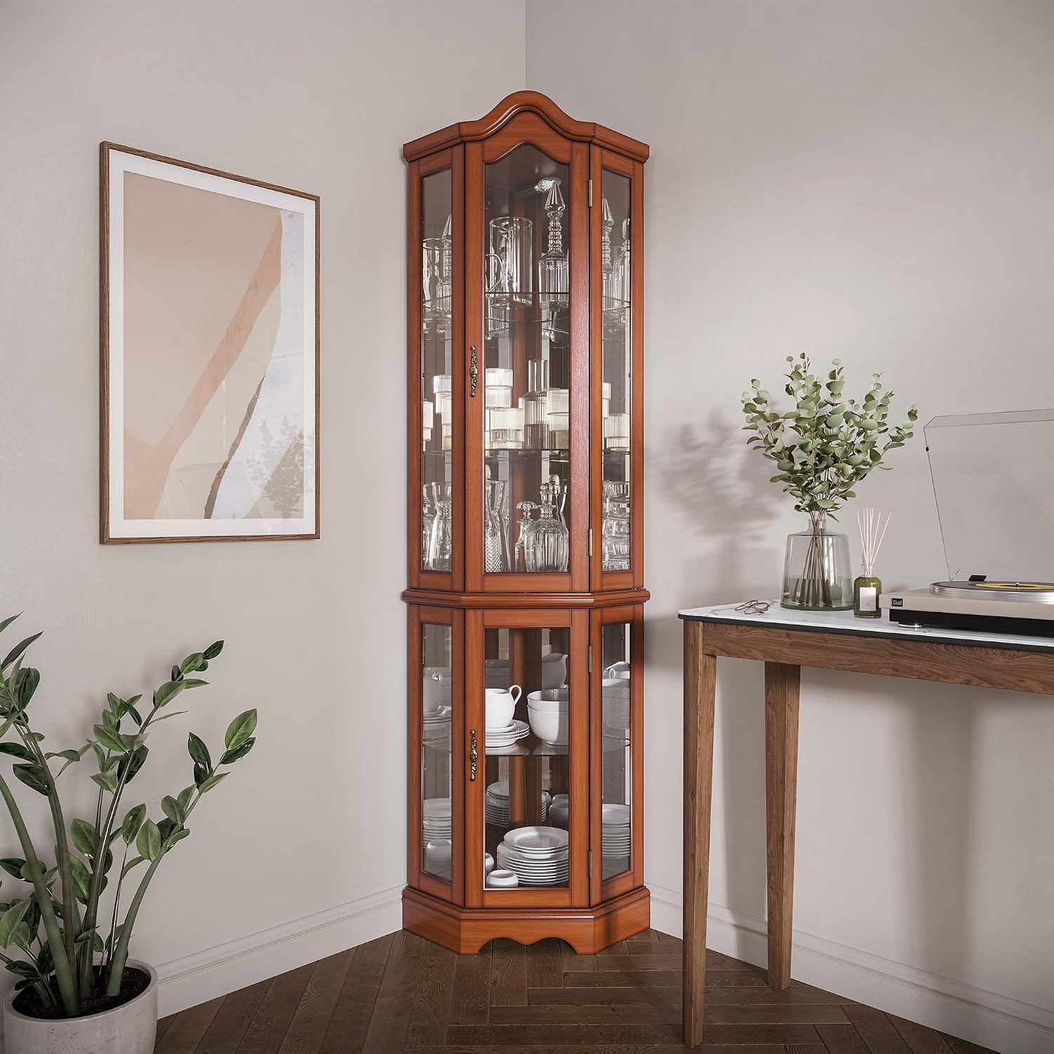 BELLEZE Lighted 3-Side Glass Display Curio Cabinet w/Tempered Glass Doors and Shelves, Curved Wood Corner Cabinet with Bulb, Corner Storage Rack for Living Room and Kitchen (Oak)
