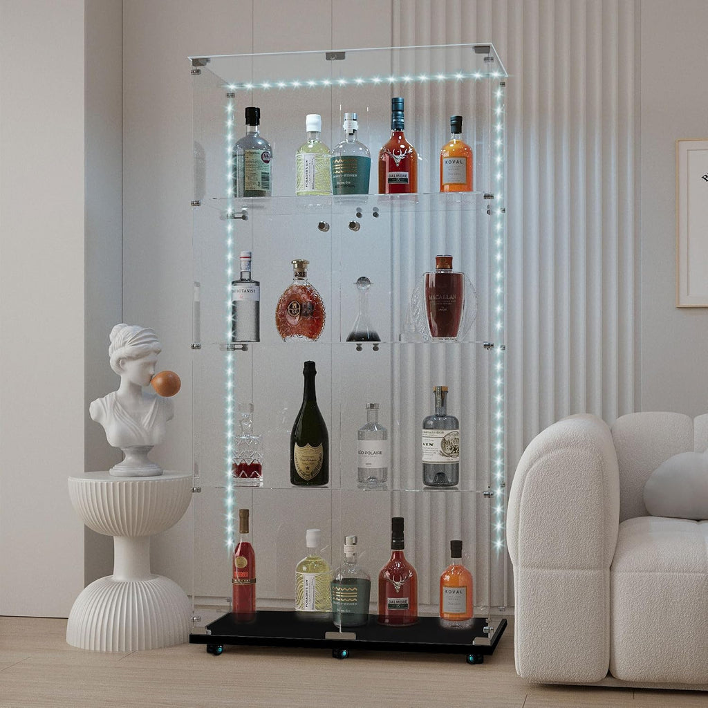 65' Tall Tempered Glass Display Cabinet with LED Lights&Rolling Wheels, Curio Cabinet with 4 Shelves with 2 Door, Quick-Install Style Floor Standing Bookshelf File Cabinet for Living Room Office