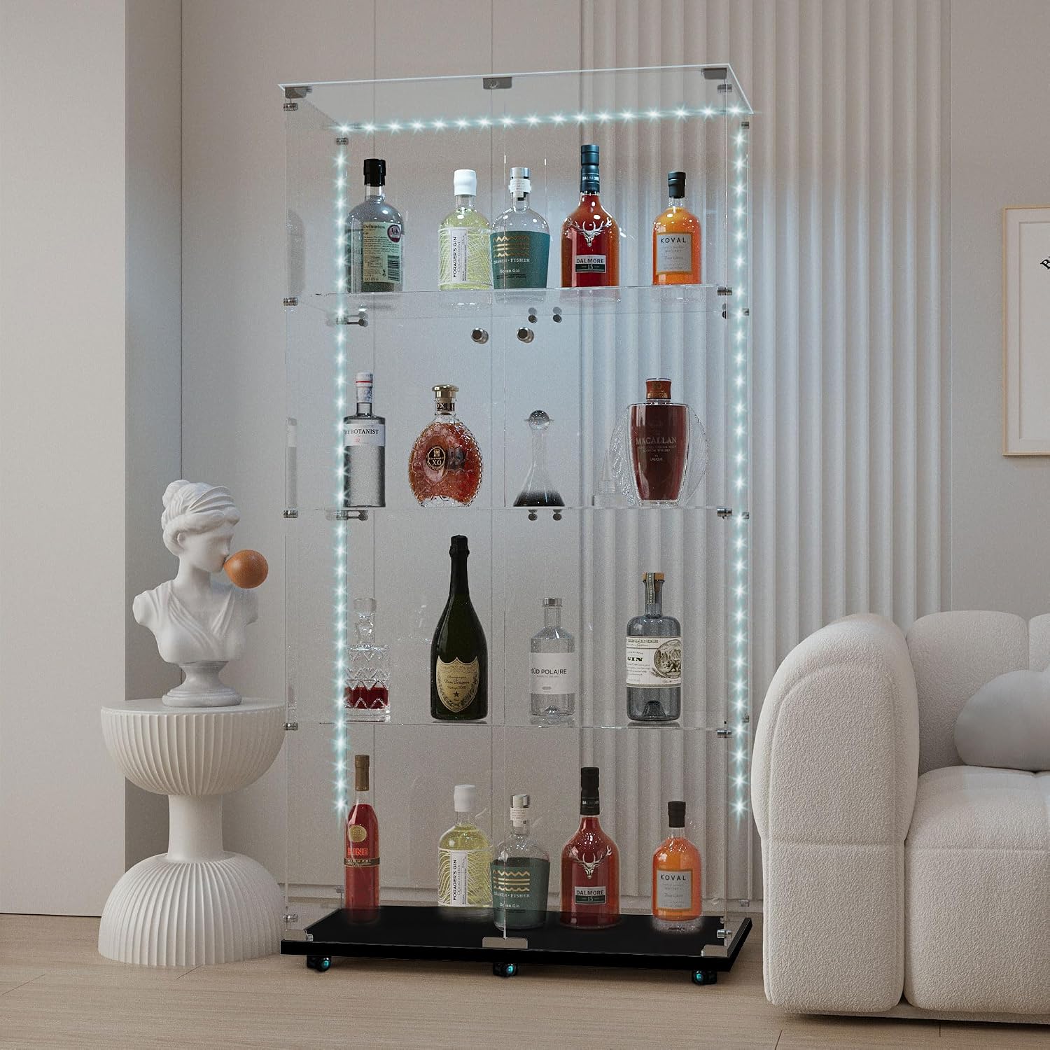 65' Tall Tempered Glass Display Cabinet with LED Lights&Rolling Wheels, Curio Cabinet with 4 Shelves with 2 Door, Quick-Install Style Floor Standing Bookshelf File Cabinet for Living Room Office