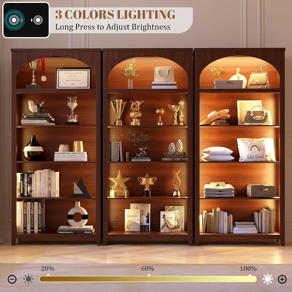 5-Tier LED Arched Bookshelf with Lights - 70'' Tall Bookcase with Storage, Floor Standing Modern Display Shelf for Living Room, Office, Study Room, Entryway, Ideal Gift, Walnut