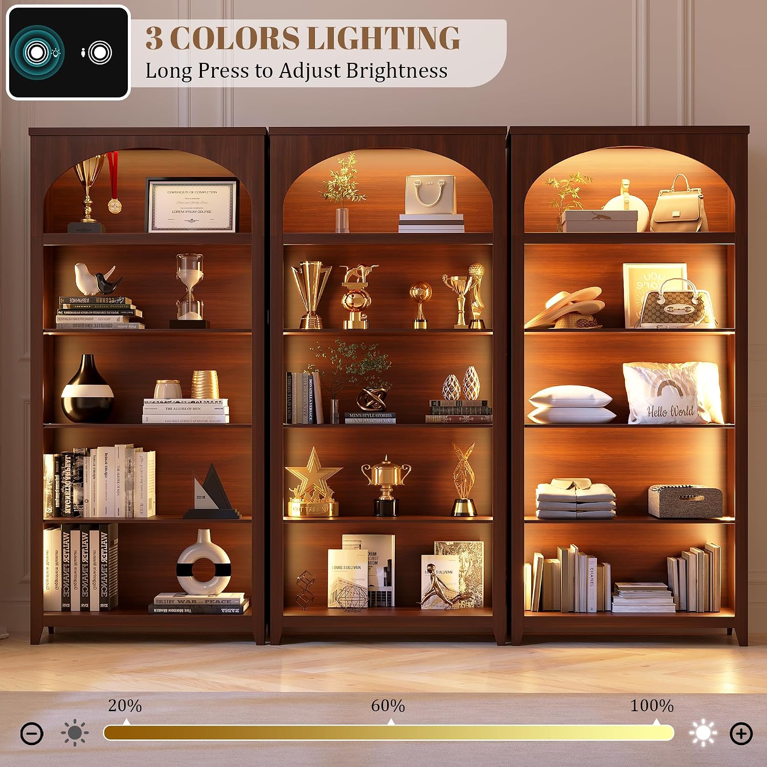 5-Tier LED Arched Bookshelf with Lights - 70'' Tall Bookcase with Storage, Floor Standing Modern Display Shelf for Living Room, Office, Study Room, Entryway, Ideal Gift, Walnut