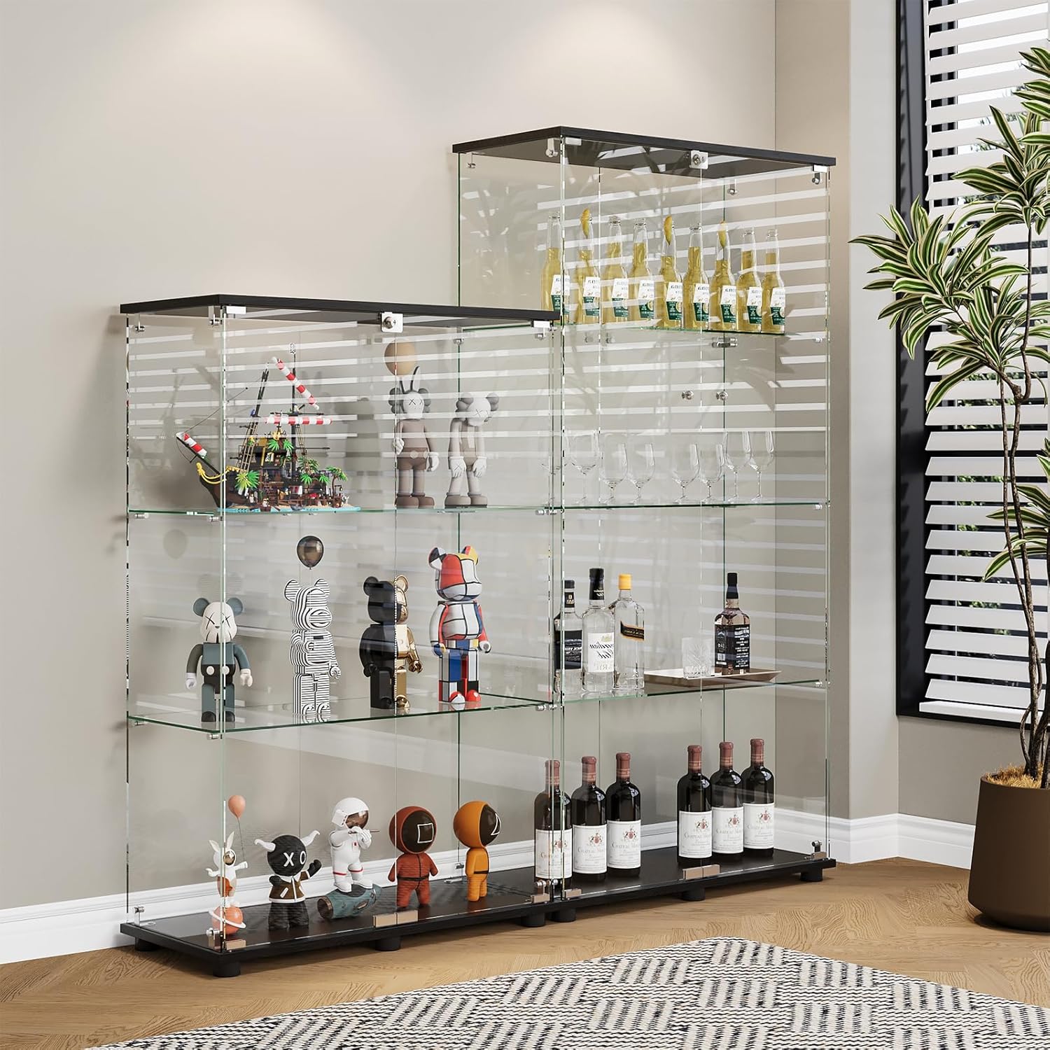 Glass Display Cabinet with 4-Shelf Double Doors and Lock, Curio Cabinet 5mm Tempered Glass Floor Standing Bookshelf for Living Room, Bedroom, Office, 64 x 31.7 x 14.3 in, Black