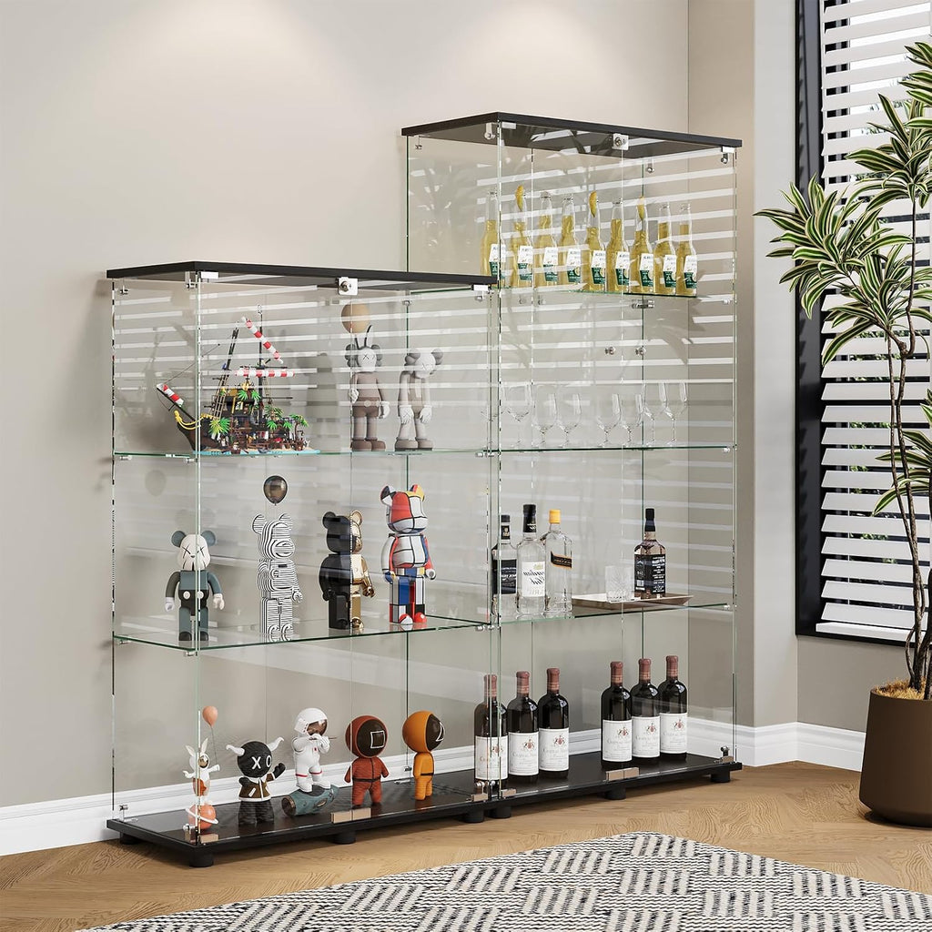 Glass Display Cabinet with 3-Shelf Double Doors and Lock, Curio Cabinet 5mm Tempered Glass Floor Standing Bookshelf for Living Room, Bedroom, Office, 49 x 31.77 x 14.37 in, Black